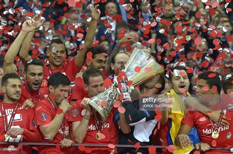 Sevilla players celebrate with the trophy after the UEFA Europa... News Photo - Getty Images