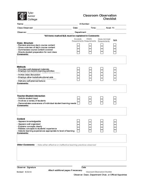 Classroom Observation Checklist Free Download