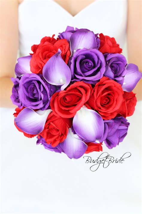 Red and purple wedding flowers made with purple tipped calla lilies, red roses and purple roses ...