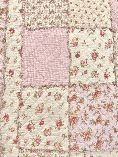 Coquette floral vintage quilt multiple patterns with small pink ruffles shabby chic decoration ...