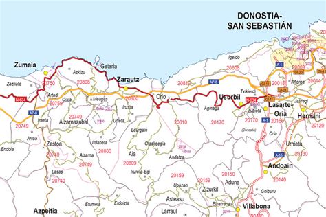 Gipuzkoa map with municipalities, major roads and postal codes