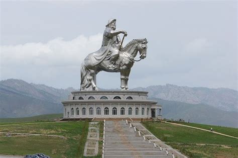 A 131-foot-tall statue of Genghis Khan and his horse, in stainless steel, sits atop the ...