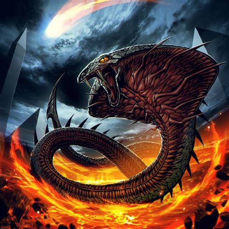 a dragon with its mouth open in front of a dark sky and fire filled background