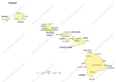 Hawaii Outline Map with Capitals & Major Cities- Digital Vector ...