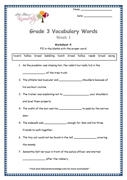 Grade 3: Vocabulary Words and Worksheets – Lets Share Knowledge