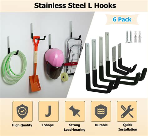 Stainless Steel L Hooks, 6/Pack,for Garages, Utility Rooms and Tool Rooms