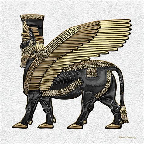 Assyrian Winged Bull - Gold and Black Lamassu over White Leather Digital Art by Serge Averbukh ...