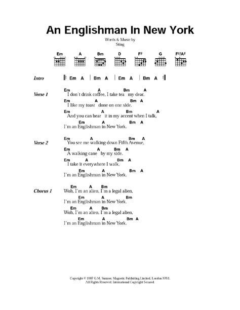 An Englishman In New York by Sting Sheet Music for Guitar Chords/Lyrics at Sheet Music Direct