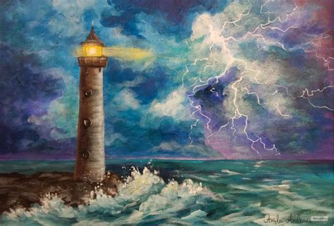 Lighthouse in storm | Lighthouse painting, Painting, Canvas painting