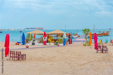 Skyline of Doha viewed behind Katara beach, Qatar Stock Photo | Adobe Stock