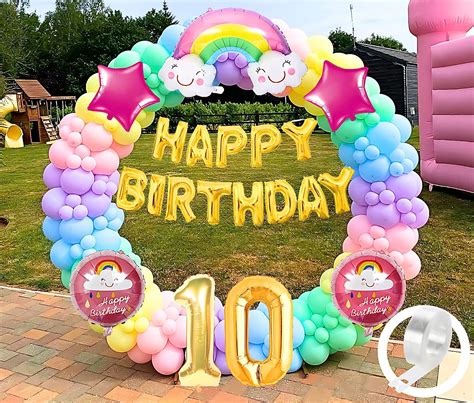 Flyloons Rainbow Theme 10th birthday decorations kit Girls Boys Kids for 10 Year with Number ...