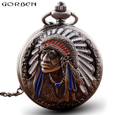 Antique Retro Indian People Copper Quartz Pocket Watch Chain Bronze Fob Watches for Men Gift ...