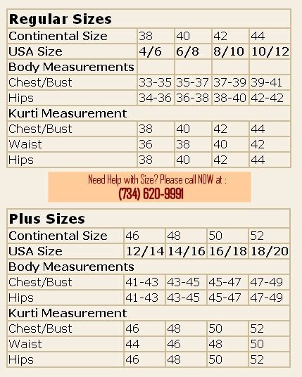 Indian Kurti Size Chart, Women Sizing USA, Women Top Sizes