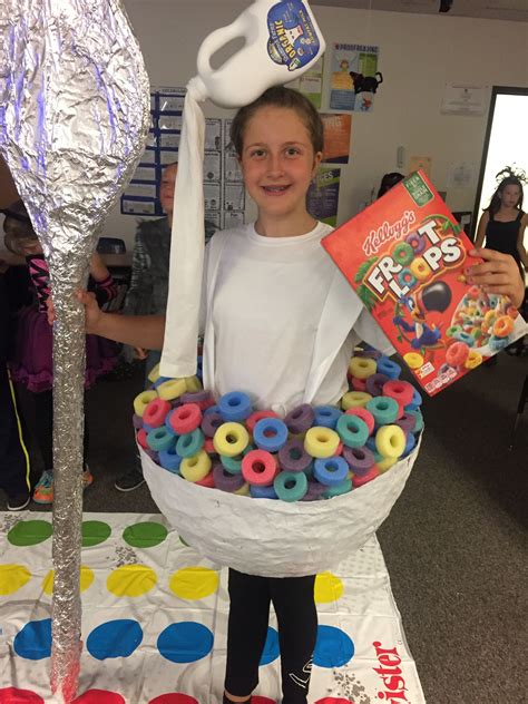 DIY Fruit Loops Cereal Bowl costume with milk jug headpiece. Paper Maché bowl made with giant ...