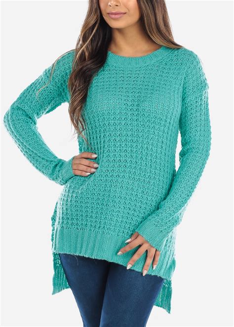 ModaXpressOnline - Womens Long Sleeve Sweater Round Neck Knit Teal Tunic Sweater 10725D ...