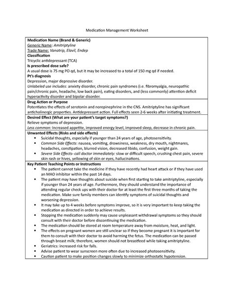 Medication Management Worksheet - diagnosis Depression, major depressive disorder. Unlabeled use ...