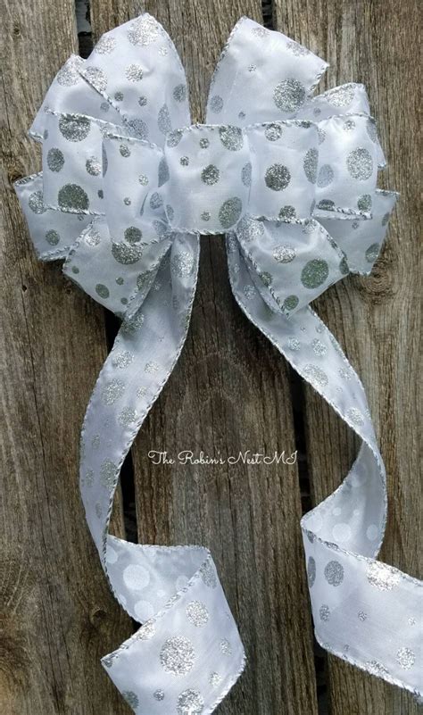 Bow White Satin Silver Ribbon Bows Silver Glitter Polka | Etsy