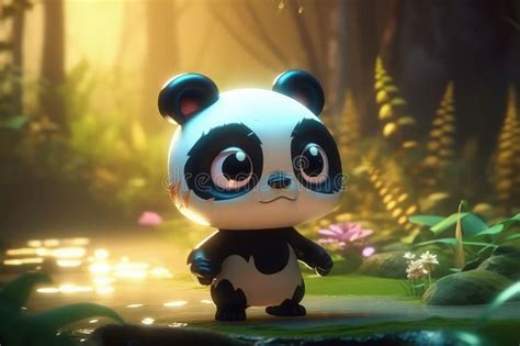 Cute Cartoon Panda with Very Big Eyes and Pitying Gaze a Forest with a Glowing Lake. Generative ...