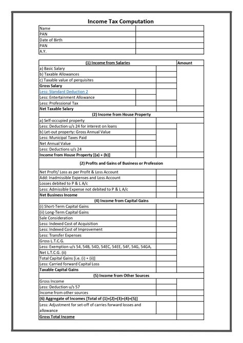 Income Tax Computation Format PDF Tax Calculation Sheet