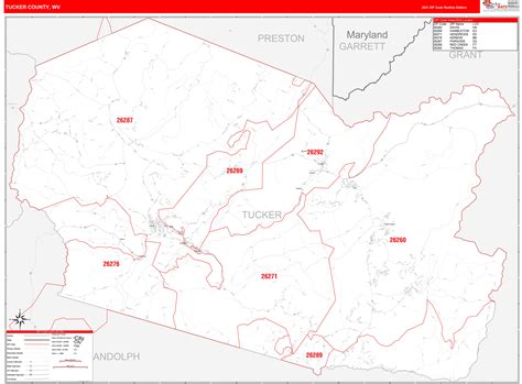 Tucker County, WV Zip Code Wall Map Red Line Style by MarketMAPS - MapSales