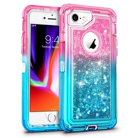 For Apple iPhone 8 / iPhone 7 / iPhone 6/6S Tough Defender Sparkling Liquid Glitter Heart Case ...