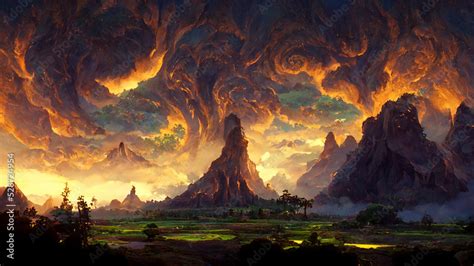 Dramatic high fantasy mountain landscape with surreal clouds. Fictional environment concept art ...