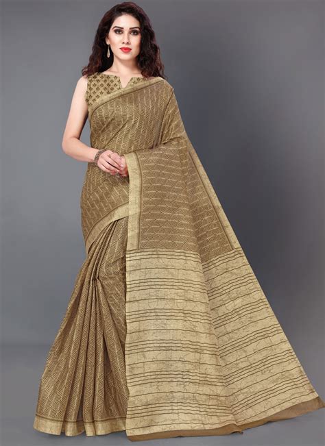 Shop Khadi Silk Printed Saree in Brown Online : 149514