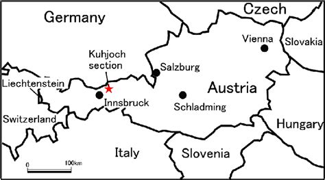 Fig.. Locality map of the Kuhjoch section, Tyrol, Austria. | Download ...