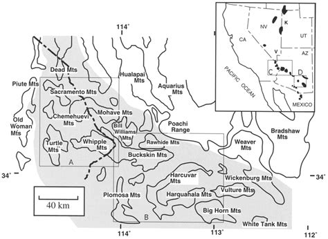 Map showing mountain ranges in western Arizona and southeastern ...