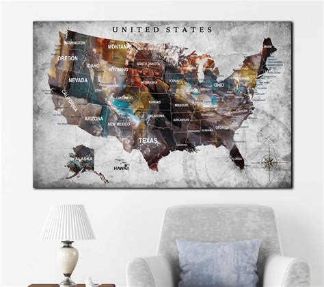 US Map, US push pin map, US map canvas, United States Map Art, America map canvas print, United ...