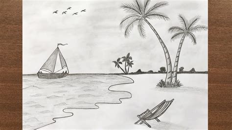 How To Draw Seashore Scenery Using Pencil | Easy Drawing Step By Step - YouTube