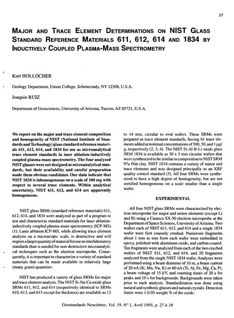 (PDF) Major and trace element determinations on NIST glass standard reference materials 611, 612 ...