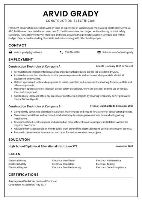 Construction Electrician Resume (CV) Example and Writing Guide