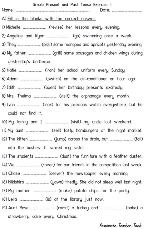 Passionate Teacher Tools: Simple Present & Past Tense Exercise 1 (With Answers)