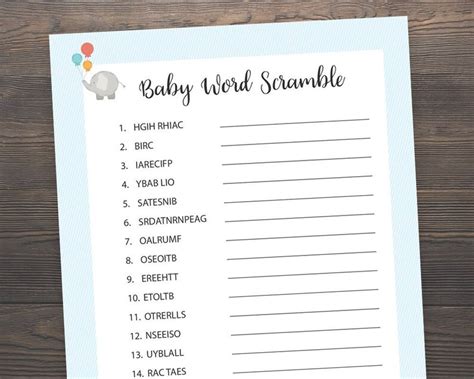 Elephant Baby Shower Games Baby Word Scramble Game Printable - Etsy