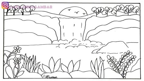 Mewarnai Air Terjun Sketsa Gambar Pemandangan - Gambar B62