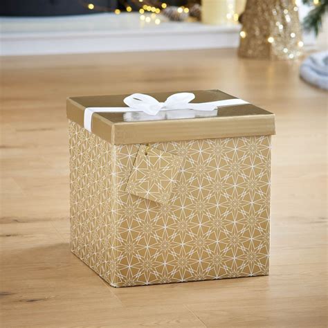 Large Christmas Gift Box with Bow & Tag - Gold Stars | Xmas - B&M