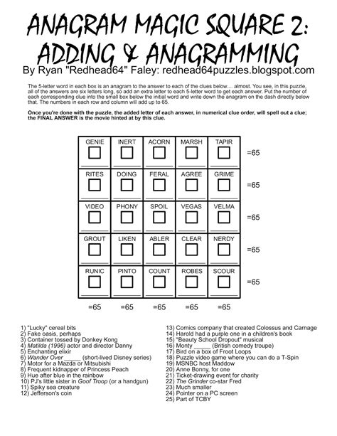 Redhead64's Obscure Puzzle Blog!: PUZZLE #93: Anagram Magic Square 2: Adding & Anagramming