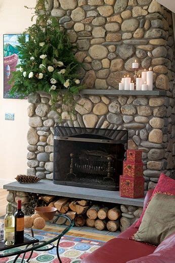 River Rock Stone Veneer Fireplace w Wood Storage | Rustic stone fireplace, Home fireplace ...