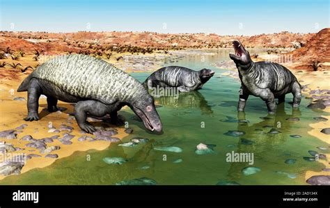 Jonkeria therapsids. Illustration of 3.5-metre-long dinocephalian therapsids of the genus ...