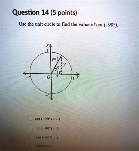 SOLVED:Question 14 (5 points) Use the unit circle to find the value of cot (-909). cot (-90 ...