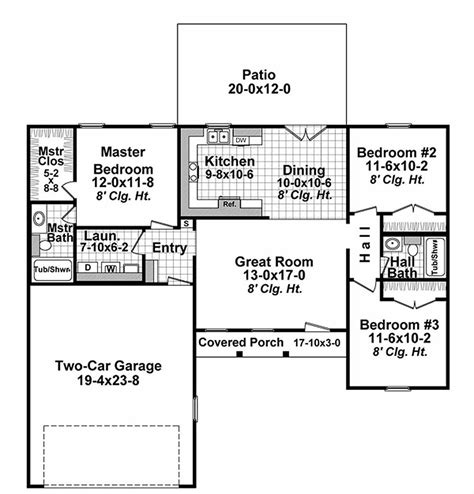 Ranch Style House Plan - 3 Beds 2 Baths 1200 Sq/Ft Plan #21-327 ...