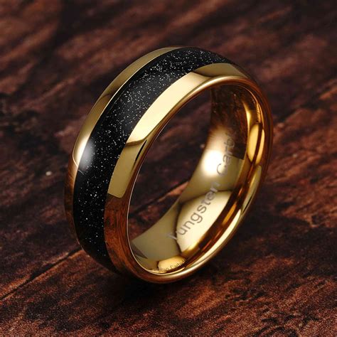 Tungsten Ring for Men Wedding Band Black Sandstone Inlaid Gold Dome – 100S JEWELRY