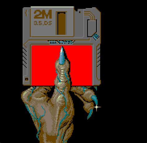 an old video game with a hand holding a red object on it's head
