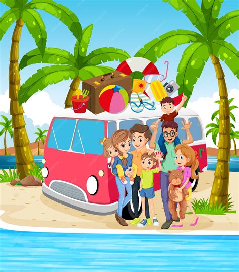 Una familia en vacaciones en la playa. | Vector Premium