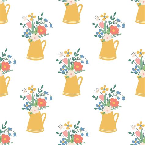 Flat Vector Floral Wallpaper With Cute Yellow Jug Pattern Vector, Countryside, Floral, Cooking ...