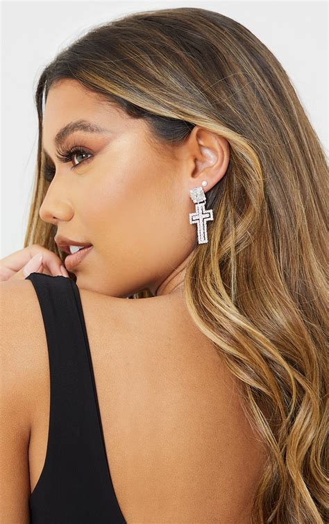 Silver Diamante Jewel Cross Earrings | PrettyLittleThing