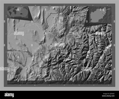 Takhar, province of Afghanistan. Bilevel elevation map with lakes and rivers. Locations of major ...