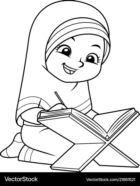 Moslem girl reading quran bw Royalty Free Vector Image