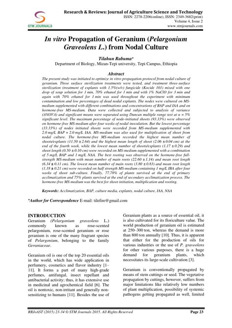 (PDF) In vitro Propagation of Geranium (Pelargonium Graveolens L.) from Nodal Culture